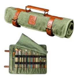 Earth & Fiber Co. Waxed canvas paint brush holder - Art bag for painting, drawing & art supplies - Painting supplies for adults - Art storage roll bag for artists