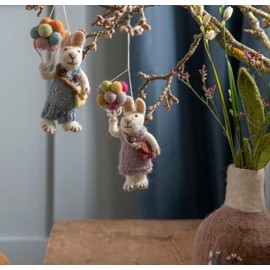 Handmade & Fairtrade Certified | Gry & Sif | Stylish Danish Design X Napali Artisan | Pendant - White Bunny Boy with Blue Pants and Balloons Made of Felt for Living Room Decoration