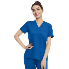Women's V-Neck Scrub Tops - Stretchy Nursing Uniform Top with Pockets, Wrinkle Resistant & Breathable, Machine Washable (Royal Blue - M)