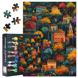 1000 Piece Puzzle for Adults - Colorful Landscape with Houses and Trees Art, Vibrant Botanical Village Scene with Premium Puzzle Board, Nature-Themed Puzzles for Adults, 27.5x19.7 Inches