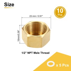 sourcing map 3Pcs Brass Hex Head Plug Compression Cap Fitting Stop Valve Cap,1/2" Hex Thread Pipe Fitting Flare Tubing Ends Sealing with Gasket for Air Conditioner, Water, Gold