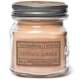 Eco Candle Co. Mason Jar Candle, Vintage Amber, 8 oz. - Scents of Wood Resin, Nutmeg, Cinnamon, & Vanilla - 100% Soy Wax, No Lead, Kraft Label & Antiqued Pewter Lid, Hand Poured, Midwest Soybeans