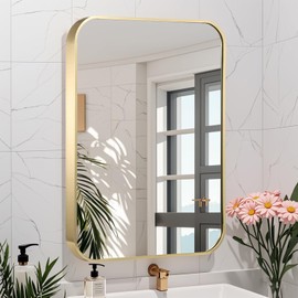 JENBELY 24x36 Inch Gold Bathroom Mirror, Brushed Gold Metal Framed Rectangular Mirror with Rounded Corner, Wall Mounted Vanity Mirror for Bedroom or Living Room, Horizontal/Vertical