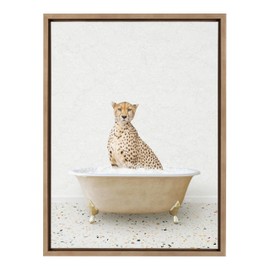 Kate and Laurel Sylvie Cheetah in Terrazzo Bath Framed Canvas Wall Art by Amy Peterson Art Studio, 18x24 Gold, Cute Animal Bathtub Art for Wall