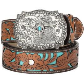 XZQTIVE Women Men Genuine Leather Belt Vintage Ladies Western Belt Engraved Tooled Leather Belt Cowboy Cowgirl Country Belt, C-turquoise(bull Buckle), Large: fits waist from 37"-40"