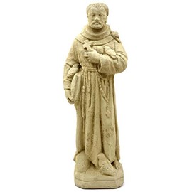 Designer Stone Vintage St. Francis with Cross-Solid Stone Statue, Sealed for Outdoor Use, Handcrafted in The USA (Old Stone)