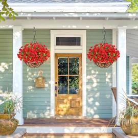 Waipfaru 2Pcs Artificial Hanging Flowers for Outdoors, Artificial Flowers for Outdoors with Basket, Artificial Plants Outdoor UV Resistant Fake Plants for Garden Porch Window Farmhouse Decor, Red