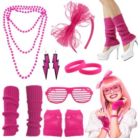 HZHSGLY 11 PCS 80s Accessories for Women, 80s Fancy Dress with Lightning Earrings Fishnet Gloves Leg Warmers Bow Headband Necklace Bracelets Glasses for 1980s Party, Dress up Day (Neon Pink)