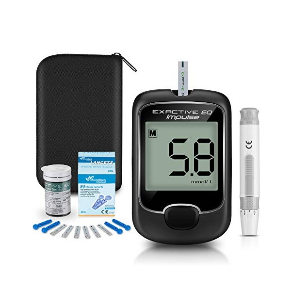 Blood Glucose Monitor Meter Diabetes Testing Kit Blood Sugar Tester Kit with 25 Test Strips and 25 Lancets - for UK Diabetics in mmol/L by Exactive EQ