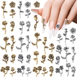 HINZIC 44 PCS Rose Nail Charms 3D Vintage Gold Flower for Nails Retro Metal Silver Nail Jewels Nail Studs for Acrylic Nails Decoration DIY Craft Making