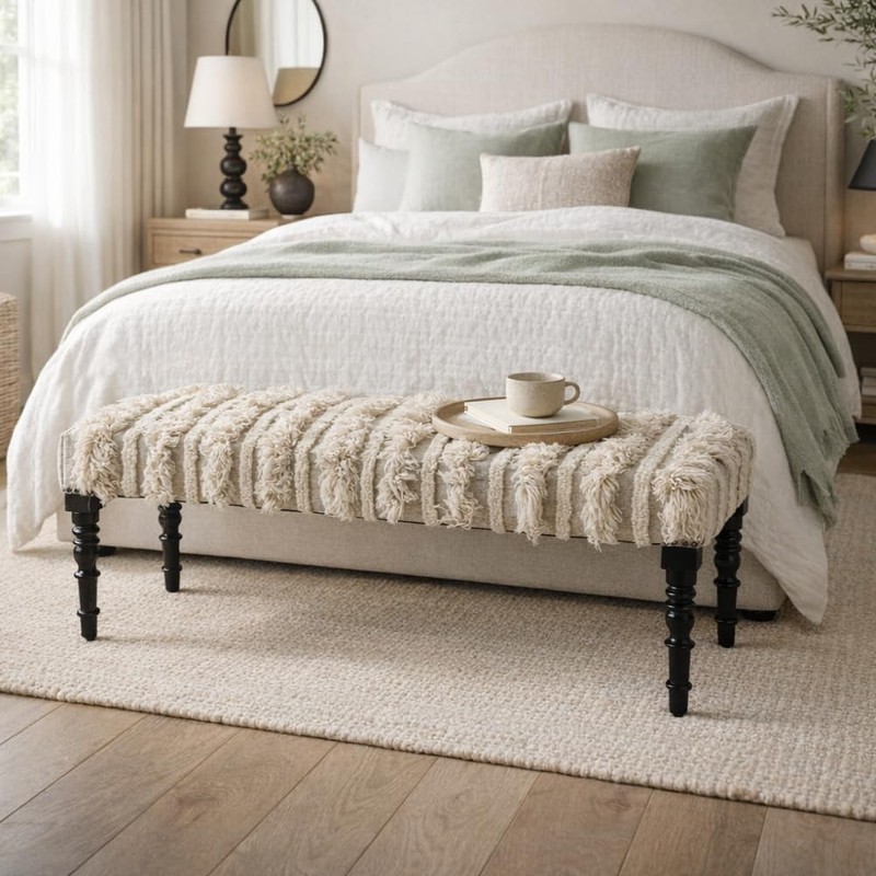 LR Home Cream Tufted Upholstered Bench for Bedroom or Living