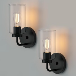 Zevluck Wall Sconces Set of 2, Modern Wall Light Fixtures with Clear Glass Shade, Matte Black Bathroom Vanity Light, Hardwired Vanity Wall Lamps for Bathroom, Bedroom, Living Room, Stairs, Hallway