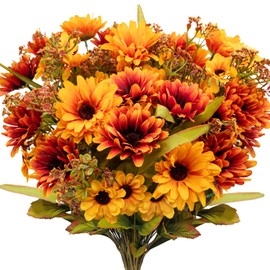 Guagb Fall Flowers Artificial for Decoration, 2 Pcs Fake Mums Silk Daisy Faux Bouquet Arrangements for Home Indoor Outdoor Table Room Wedding Party Fall Decor