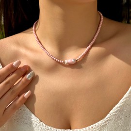 Gmai Ceramic Fish Pendant Necklace for Women Multicolor Rice Beads with Turquoise Accents Delicate Fish Jewelry for Everyday Vacation (Pink)