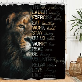 Miyotaa Lion Motivational Quotes Shower Curtain Set 60Wx71H Inches Black Inspirational Positive Wildlife Animal Cool Man Polyester Waterproof Cloth Bathroom Curtain with 12 Hooks