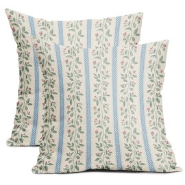 Vintage Floral Pillow Covers 18x18 Set of 2 Striped Boho Decor Blue Green Pillowcases Summer Printed Grand Millenial Throw Pillow Covers with Zipper Soft Cozy for Sofa Bed Chair Home Decoration