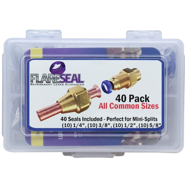 FlareSeal 40 Pack Starter Leak Free SAE Flare Fitting Refrigerant Leaks Eliminated - Refrigeration, HVAC, Ductless, Schrader Valve or Mini Split (1/4", 3/8", 1/2", 5/8", 40 Pack Starter Kit