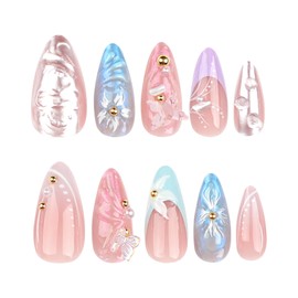 XZMeiLun Handmade 3D Flower Butterfly Blue Pink Press On Nails Almond Medium, Floral Pearl French Tip Designer Reusable Acrylic Fake Nails With Cute Charms Glue On Nails, Daily Wear Nails For Women