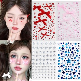 Rhinestone Heart Bow Star Face Sticker Glitter Tattoo Makeup Supplies Women Facial Eye Forehead Body Valentine's Day Masquerade Party Decoration 4 Sheets