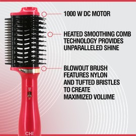 CHI Volume Styler, Blowout Brush for Amplified Volume, Heated Comb to Smoothen & Straighten Hair, 2-in-1 Hair Tool, Pink