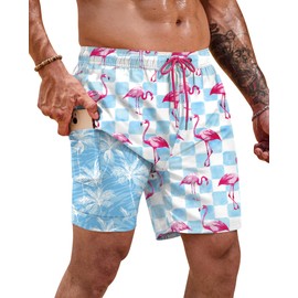 ERECT PEAK Men Novelty Swim Shorts Spring Soft Board Shorts Vacation Dry Fit Pockets 6 Inch Inseam Graphic 5'' UPF 50+ Compression Liner Bathing Side Split Moisture Wicking Trunk Flamingo S