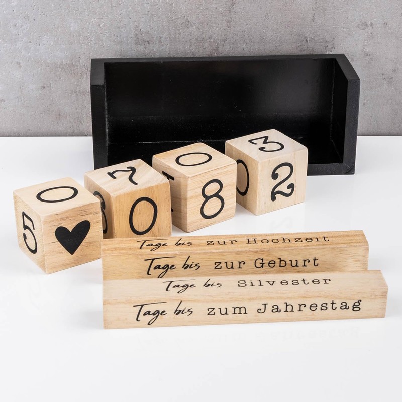 Würfel Countdown Kalender Holz Natur Schwarz Holzkalender Tischkalender Themenleiste Tageszähler