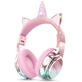 QearFun Kids Unicorn Bluetooth Headphones, 60H Playtime, 3-Level 74/85/94dB Safe Volume Limit, Wireless Headset with Mic for Girls, Bluetooth 5.3, Foldable for School/Travel/Tablet - Pink