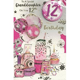12th Birthday Card for Granddaughter with Badge, Pink and Gold Design, Modern Teen Theme