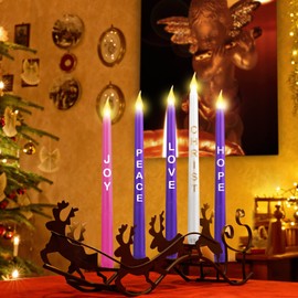 5 Pcs LED Flameless Advent Candle Set Christmas Advent Candles with Words Hope Peace Love Joy Christ Purple Pink White Taper Candles for Church Advent Wreath Rituals, 10 Inch (Simple with Words)
