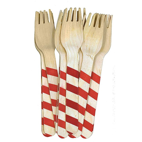 Disposable Wooden Forks with Red Stripes - Fork 158 Red Striped Pattern, 6" (Pack of 48)