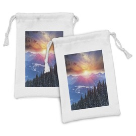 Ambesonne Winter Fabric Pouch Set of 2, Sunset in Mountains with Sky with Dawn Horizon Theme, Small Drawstring Bag for Toiletries Masks and Favors, 9" x 6", Orange Blue