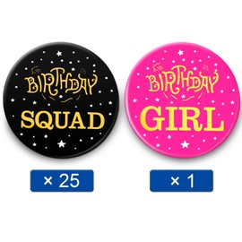 Chinco 26 Pieces Birthday Button Pins for Girl 2 Inch Birthday Squad Pinback Buttons Birthday Badges Party Favors Supplies for Women Girls