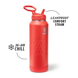 Takeya Sport 40 oz Triple-Insulated Stainless Steel Water Bottle, Straw Lid – Leakproof, Sweatproof, BPA-Free, Keeps Drinks Cold 36 Hrs, Hot 14 Hrs – Crimson