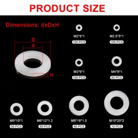 YIXISI 500 PCS M2 M2.5 M3 M4 M5 M6 M8 M10 Nylon Flat Washer Assortment Kit, Nylon Gasket, Plastic Washers for Mechanical, Screw, White