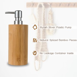 ABBI NIMO Natural Bamboo Liquid Soap Dispenser with Silver Plastic Pump, Bamboo Hand Soap Dispenser for Bathroom, Refillable Kitchen Soap Dispenser 10 Oz, Natural