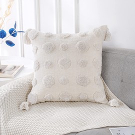 PANOD Super Soft Farmhouse Decorative Plush Throw Pillow Covers 16 x 16 White,Solid Pom pom Tufted with Tassels Modern Accent Boho Square Cushion Cover Pillow Case for Couch Sofa