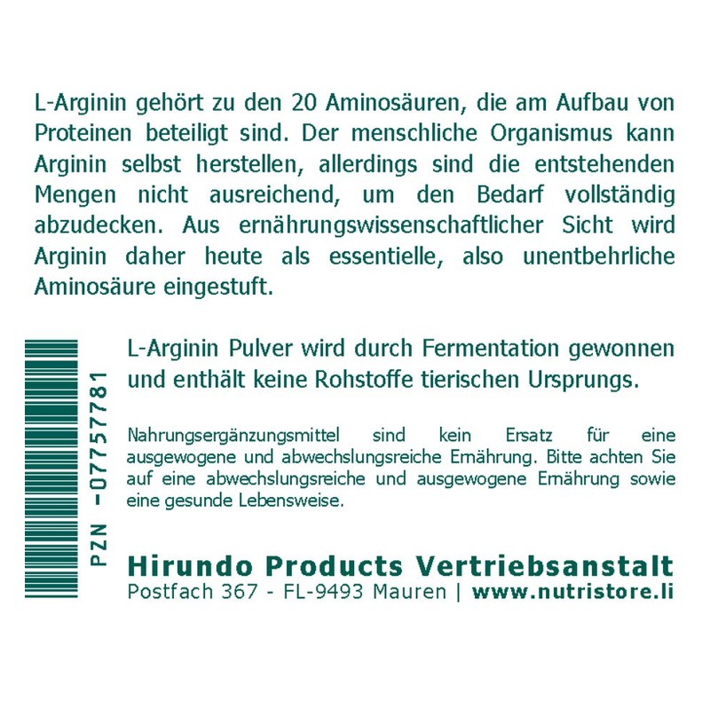 Arginine HCl 100% Pure Powder 250 g Vegan