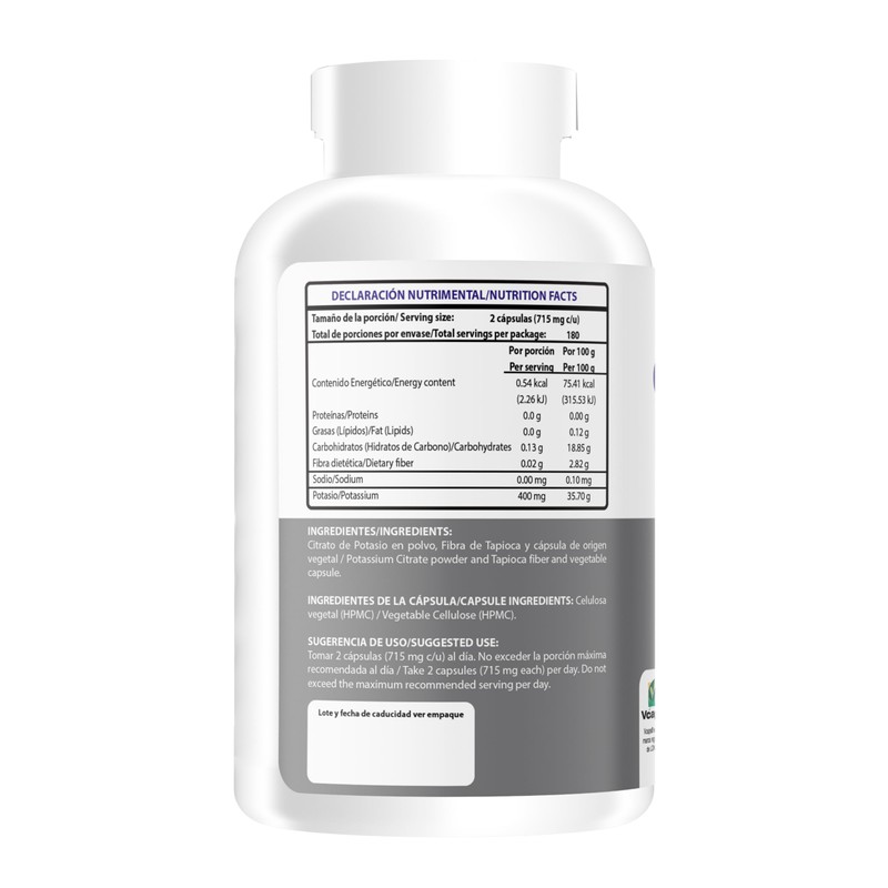 Wellthy Citrato de Potasio 360 Cápsulas 400mg. 180 Porciones por