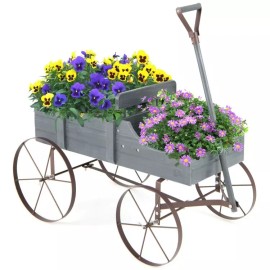 Costway Wooden Wagon Raised Plant Bed Patio Garden Yard Flower Cart W/ Metal Wheels Gray