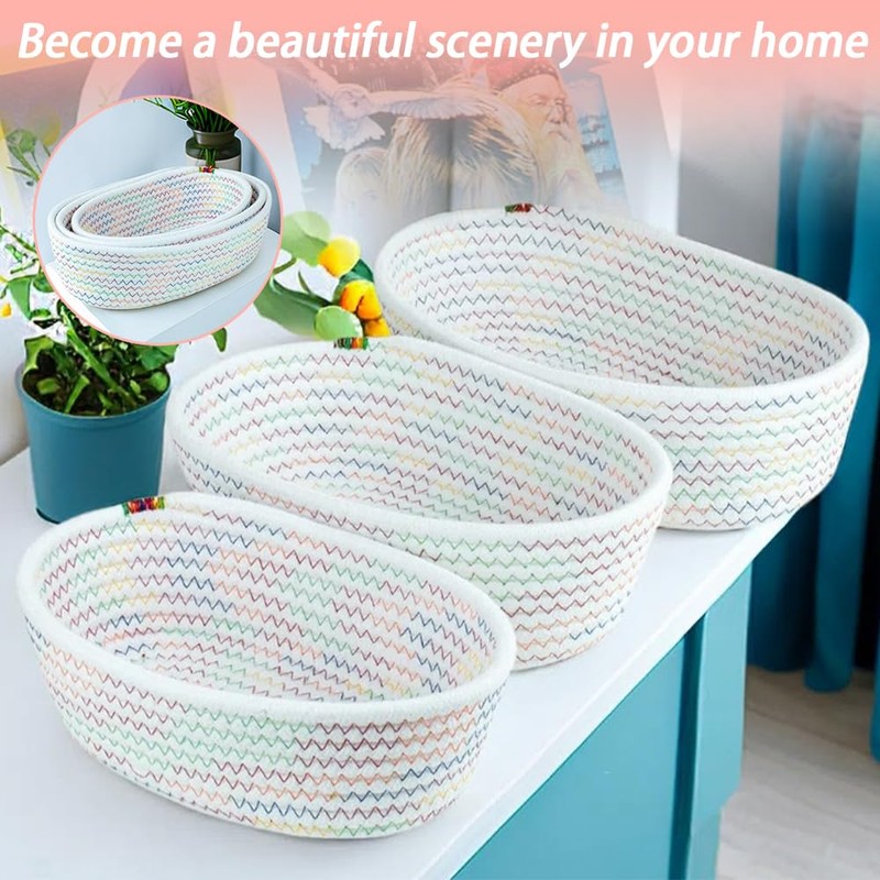 TOMVAES 3-Pack Woven Cotton Rope Storage Baskets, Oval Small, Medium,