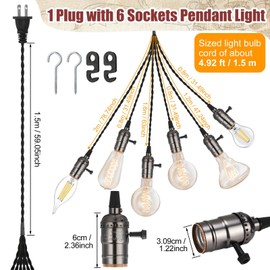 Tujoe 1 Pcs Vintage Pendant Light Sockets Light Cord Kit with Switches DIY Bulb Socket with Cord for E26 E27 Lamp Socket Lantern Bedroom Living Room Decor (1 Plug with 6 Sockets,Black)