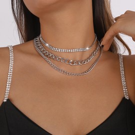 Stocking Stuffers Gifts for Women Layered Rhinestone Choker Necklace for 3 Set Boho Tennis Choker Necklace Silver Gold Cuban Link Chain Necklace Jewelry for Women Girls