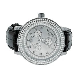 ICE HOUSE Men's Genuine Diamond White Tone Black Leather Band Watch Analog Water Resistant