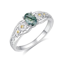 YAFEINI Natural Moss Agate Ring 925 Sterling Silver Daisy Ring Sunflower Ring Moss Agate Ring Jewelry Gifts for Mom (8)