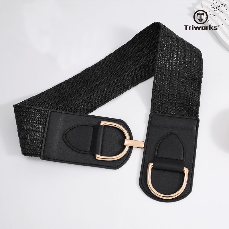 TRIWORKS Straw Woven Elastic Belt for Women Wide Boho Braided