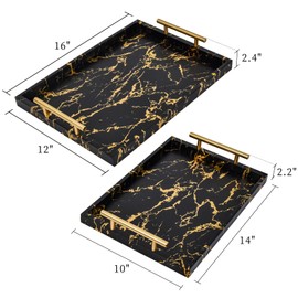 UPPER DECOR Modern Decorative Tray Set of 2 - Black and Gold Marble Wood Serving Tray with Gold Polished Metal Handles for Ottoman, Coffee Table, and More