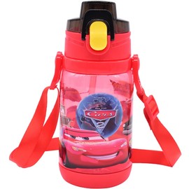 MccQueen Cars Kids Water Bottle with Straw, Lightniing Cars Flip Top Water Bottle Leakproof Auto Push Button Reusable Kids Drink Bottle Leak Proof Water Bottle for Kids and Toddlers, 400ml