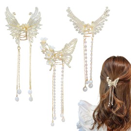Pack of 3 Butterfly Hair Clips Butterfly Gold Metal with Fringe Hair Clips Tassel Hair Clip Elegant Pearl Rhinestone Hair Clip for Women and Girls