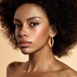 PICKBEAU Gold Chunky Hoop Earrings for Women Girls, 14K Gold Plated Silver Huggie Hoops Earrings Lightweight Classic Trendy Design, Yellow Gold, No Gemstone