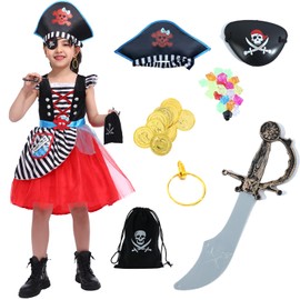 Rabtero Children's Pirate Costume, Girls' Upgrade Deluxe Pirate Princess Dress, with 7 Pieces Pirate Accessories for Children 8-10 Years